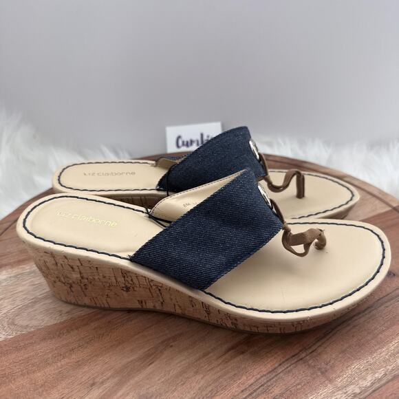 Liz Claiborne Sandals Womens Size 8 Blue Denim Lively Cork Wedge Thong Platform - Picture 1 of 9